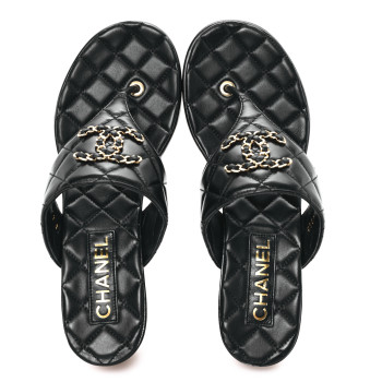 CHANEL Shiny Goatskin Cork CC Wedge Sandals 39 Black