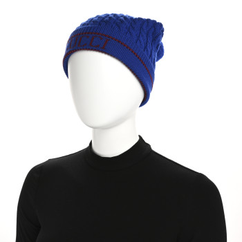 GUCCI Wool Knit Monogram Beanie Hat M Bluette Red
