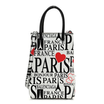 BALENCIAGA Calfskin Bonjour Paris Print Shopping Phone Holder Bag Paris Bonjour