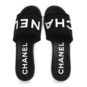 CHANEL Cotton Logo Mule Sandals 39.5 Black White
