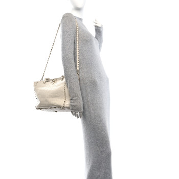 VALENTINO GARAVANI Calfskin Crocodile Embossed Medium Rockstud Tote Ivory
