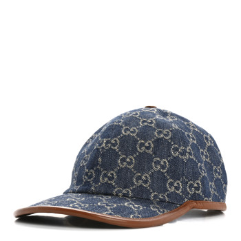 GUCCI Washed Jacquard Denim Nappa GG Monogram Oscar Baseball Hat M Denim Cuir