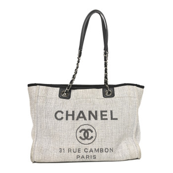 CHANEL Woven Straw Raffia Small Deauville Tote Grey