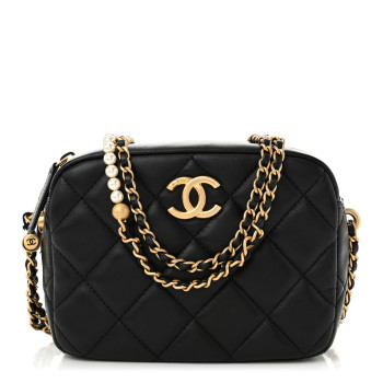 CHANEL Lambskin Quilted Pearl Chain Camera Case Black