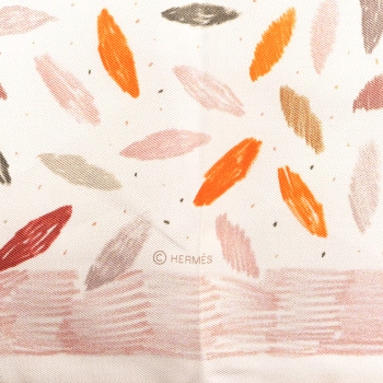 HERMES Silk Chacun Fait Son Nid Scarf 90 White Orange