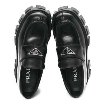 PRADA Spazzolato Rois Metal Triangle Logo Monolith 55mm Loafers 35 Black