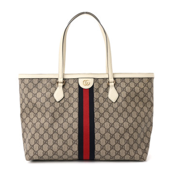 GUCCI GG Supreme Monogram Textured Dollar Calfskin Web Medium Ophidia Shopping Tote Beige Ebony Mystic White