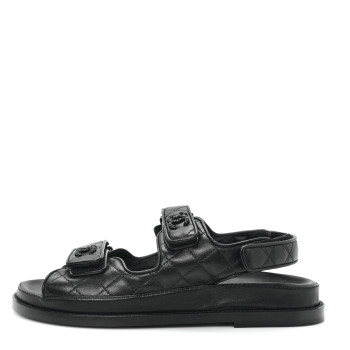 CHANEL Lambskin Quilted Velcro Dad Sandals 37.5 So Black