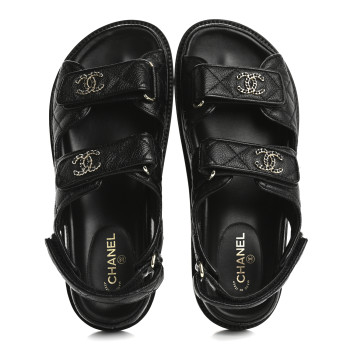CHANEL Grained Calfskin Velcro Dad Sandals 36.5 Black