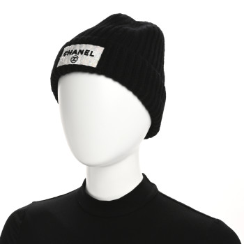 CHANEL Cashmere Beaded Sequin Logo Beanie Hat Black
