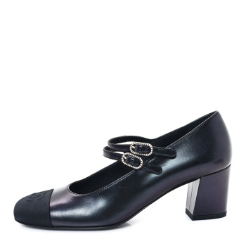 CHANEL Iridescent Lambskin Grosgrain Pearl Mary Jane Pumps 38 Black