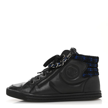 CHANEL Lambskin Tweed Zipped Sneakers 39 Black Blue
