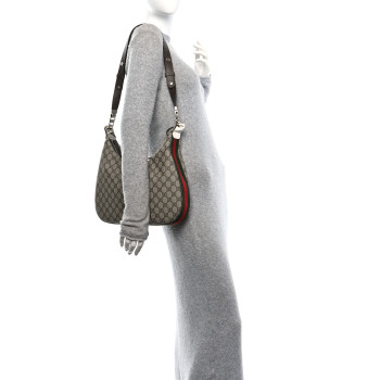 GUCCI GG Supreme Monogram Textured Calfskin Web Large Attache Shoulder Bag Beige Ebony New Acero