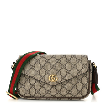 GUCCI GG Supreme Monogram Textured Dollar Calfskin Web Mini Ophidia Envelope Shoulder Bag Beige Ebony