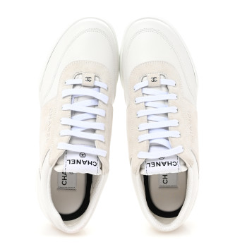CHANEL Calfskin Suede Coco Mark Logo Womens Sneakers 40 White