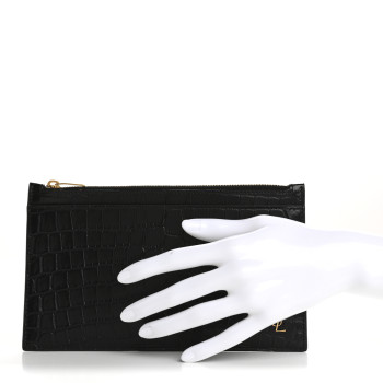 SAINT LAURENT Calfskin Crocodile Embossed Monogram Bill Pouch Black