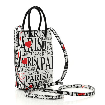 BALENCIAGA Calfskin Bonjour Paris Print Shopping Phone Holder Bag Paris Bonjour