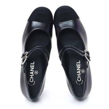 CHANEL Iridescent Lambskin Grosgrain Pearl Mary Jane Pumps 38 Black