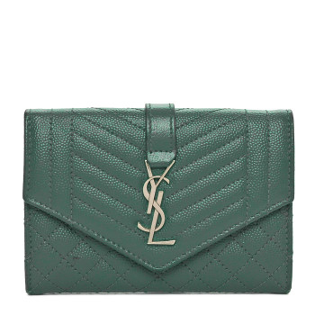 SAINT LAURENT Grain De Poudre Textured Mixed Matelasse Triquilt Small Monogram Envelope Wallet Green