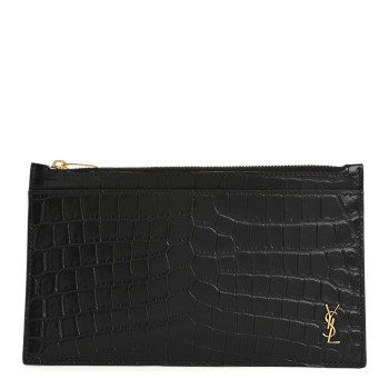 SAINT LAURENT Calfskin Crocodile Embossed Monogram Bill Pouch Black