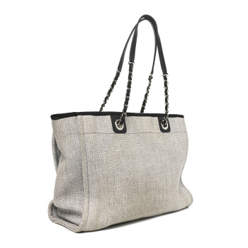 CHANEL Woven Straw Raffia Small Deauville Tote Grey