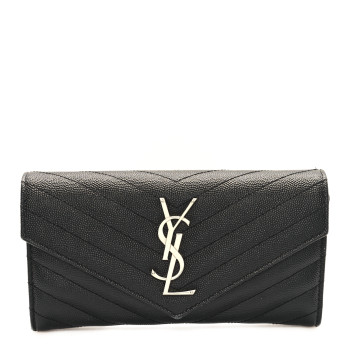 SAINT LAURENT Grain De Poudre Matelasse Chevron Monogram Flap Wallet Black