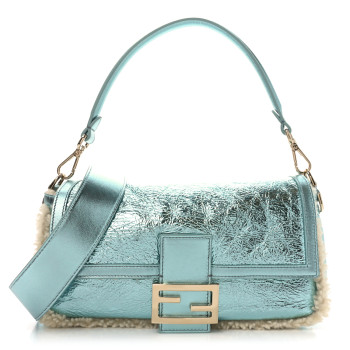 FENDI Metallic Lambskin Sheepskin Fur Re-Edition 2005-2006 Baguette Light Blue