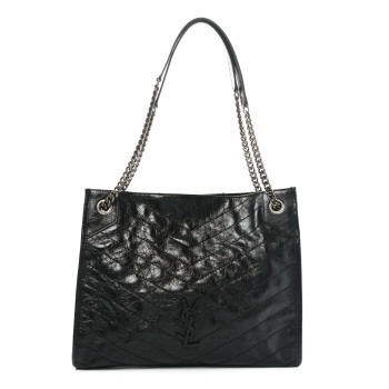 SAINT LAURENT Crinkled Calfskin Matelasse Monogram Medium Niki Shopper Tote Black