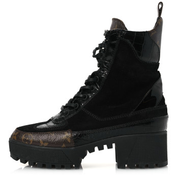 LOUIS VUITTON Suede Calfskin Crocodile Embossed Patent Monogram Laureate Platform Desert Boots 37 Black
