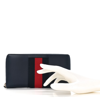 GUCCI Calfskin Web Zip Around Wallet Navy