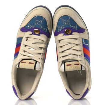GUCCI Calfskin Lame GG Monogram Web Womens Screener Sneakers 39.5 Blue Silver Dusty Milk Shine Purple