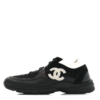 CHANEL Mesh Suede Grained Calfskin Womens CC Sneakers 40 Black White
