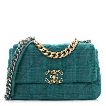 CHANEL Tweed Quilted Medium Chanel 19 Flap Green
