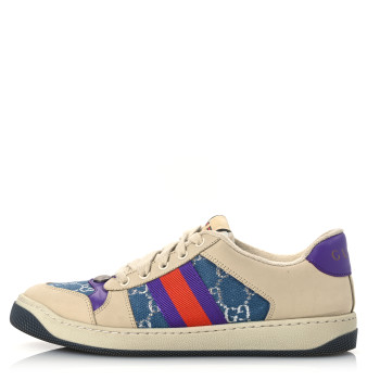 GUCCI Calfskin Lame GG Monogram Web Womens Screener Sneakers 39.5 Blue Silver Dusty Milk Shine Purple