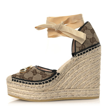 GUCCI Monogram Matelasse GG Marmont Ankle Wrap Platform 35/120mm Espadrille Wedges 35 Beige Ebony Black Sand Storm