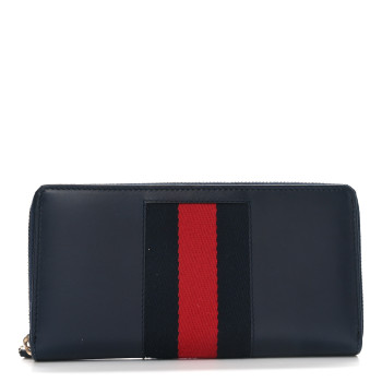 GUCCI Calfskin Web Zip Around Wallet Navy