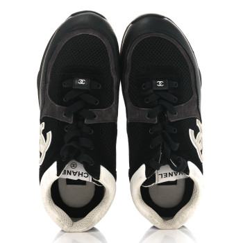 CHANEL Mesh Suede Grained Calfskin Womens CC Sneakers 40 Black White