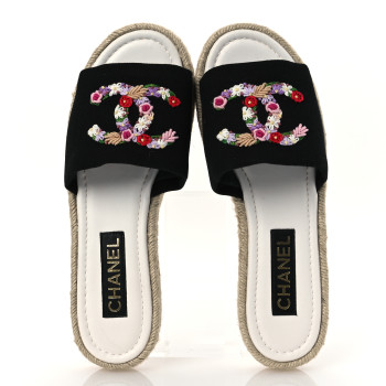 CHANEL Cotton Floral CC Espadrille Slip On Sandals 40 Black