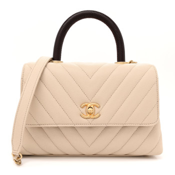 CHANEL Caviar Lizard Chevron Quilted Mini Coco Handle Flap Ivory