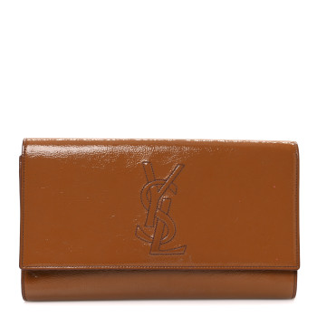 SAINT LAURENT Textured Patent Calfskin Monogram Large Belle De Jour Clutch Beige