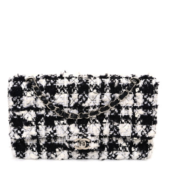 CHANEL Tweed Quilted Medium Double Flap Black Ecru White