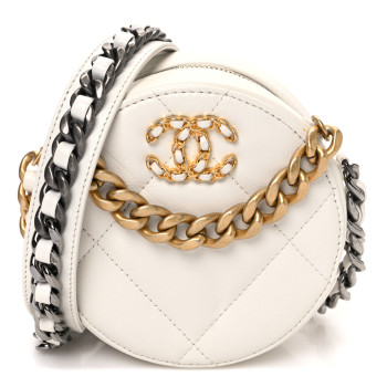CHANEL Shiny Goatskin Quilted Chanel 19 Round Clutch With Chain White