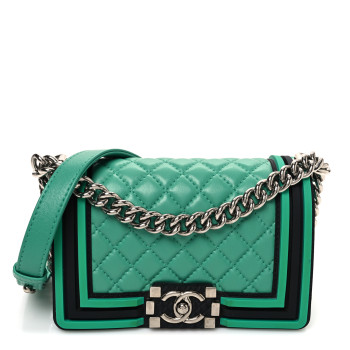 CHANEL Lambskin Rubber Quilted Small Two Tone Boy Flap Green Black