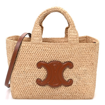 CELINE Raffia Calfskin Triomphe Small Cabas Thais Tan