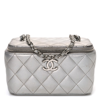CHANEL Metallic Lambskin Quilted Small CC Dynasty Vanity Case With Chain Silver