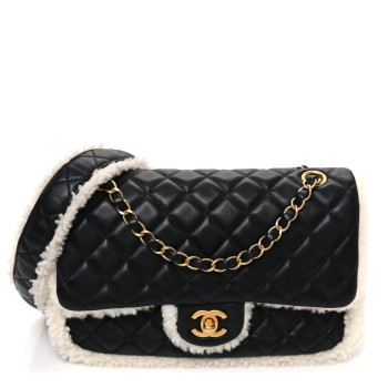 CHANEL Lambskin Shearling Large CC Flap Bag Black White