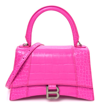BALENCIAGA Shiny Calfskin Crocodile Embossed Small Hourglass Top Handle Bag Fuchsia