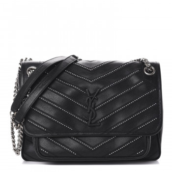 SAINT LAURENT Lambskin Matelasse Monogram Microstud Medium Niki Chain Satchel Black