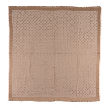 LOUIS VUITTON Silk Wool Monogram Denim Shawl Beige Rose