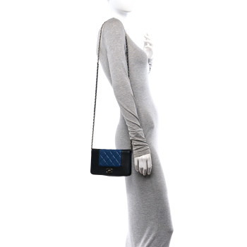 CHANEL Sheepskin Quilted Vintage Mademoiselle Wallet On Chain WOC Blue Black